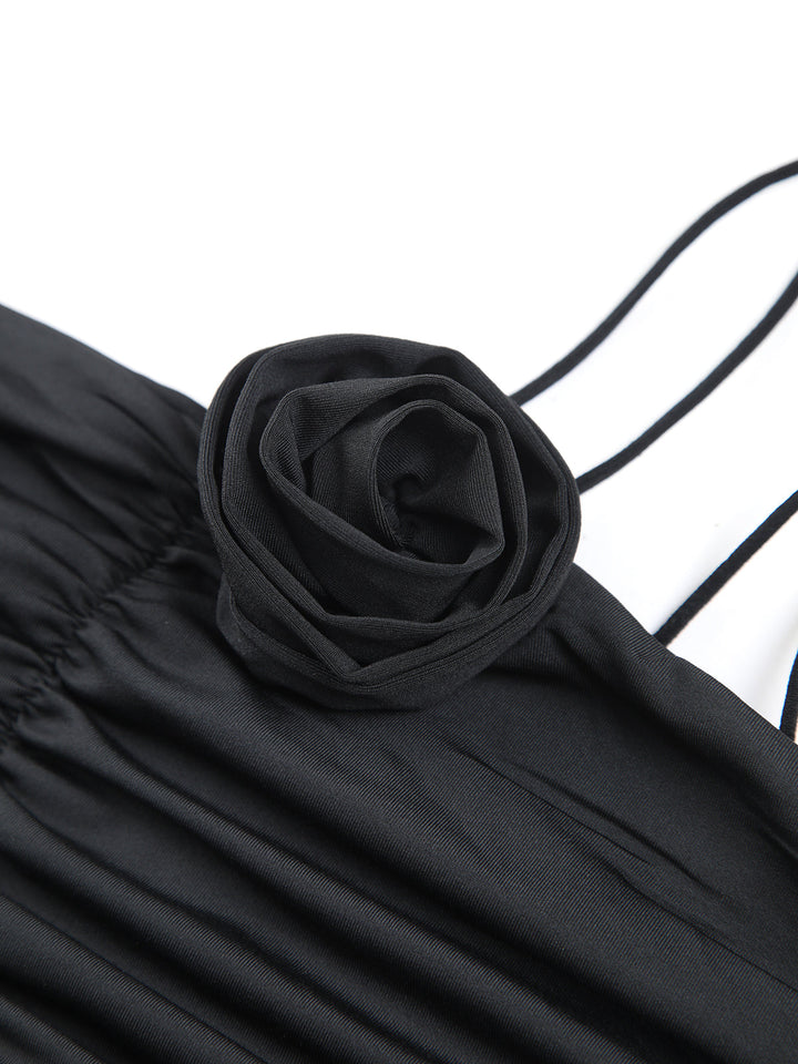 Label Noir Amsterdam™ | Off Shoulder Rozen Decor Midi Jurk met Ruches