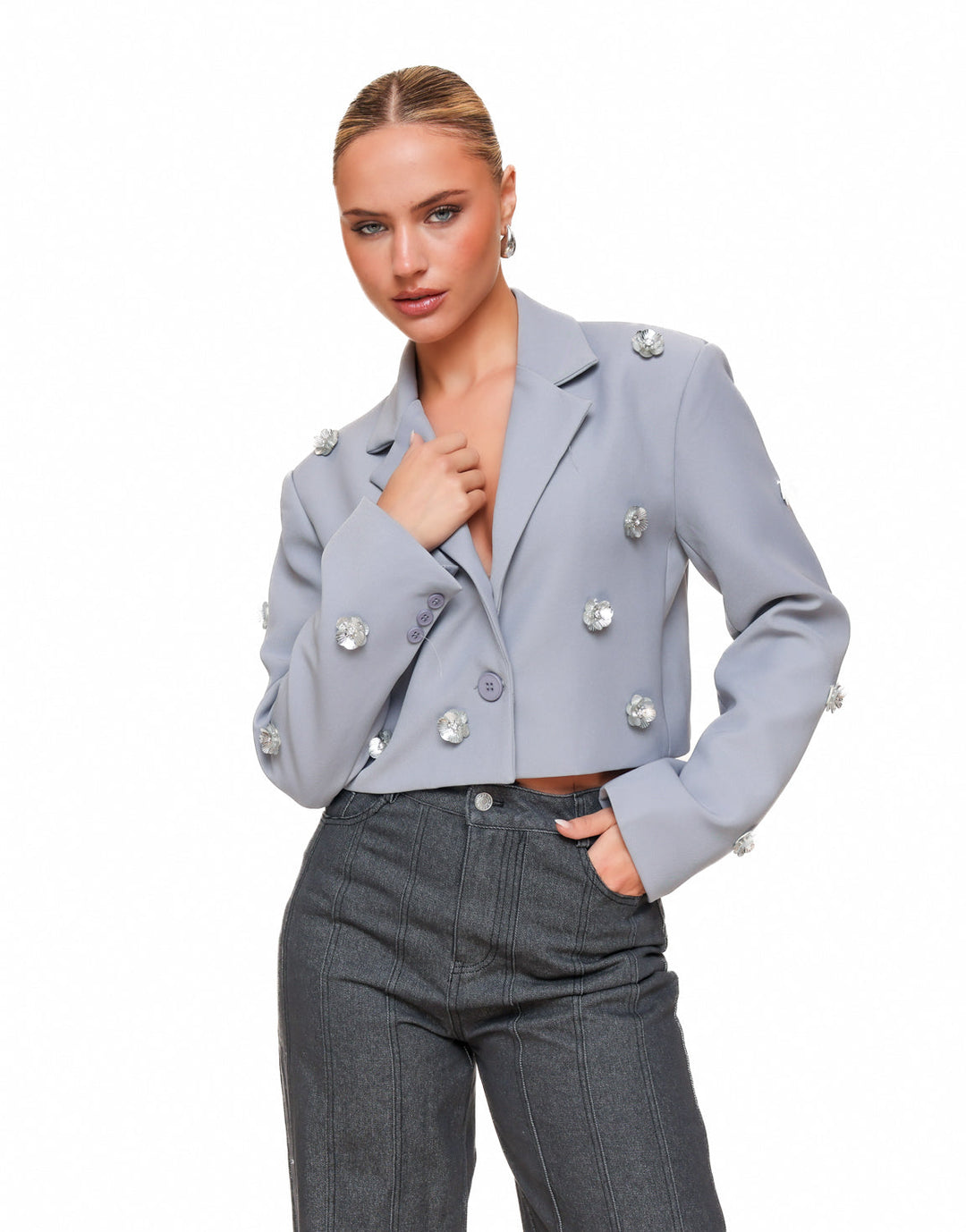 Blauwgrijze Statement Bloemen Cropped - Blazer