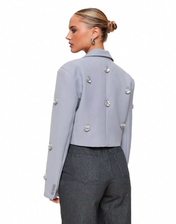 Blauwgrijze Statement Bloemen Cropped - Blazer