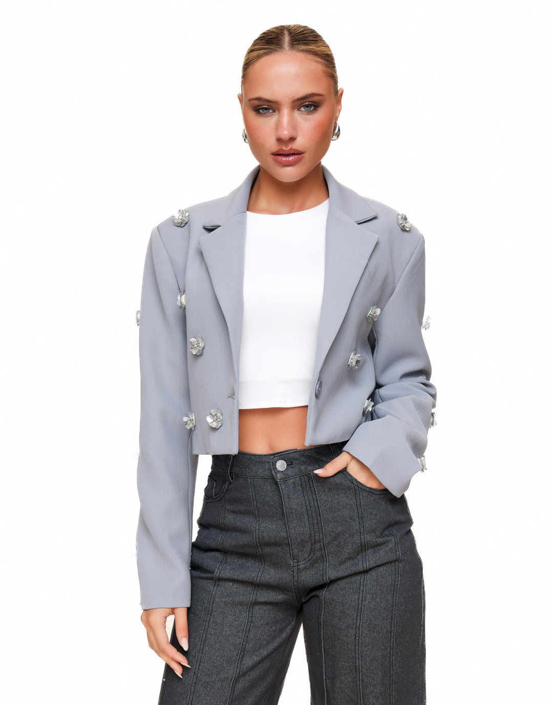 Blauwgrijze Statement Bloemen Cropped - Blazer