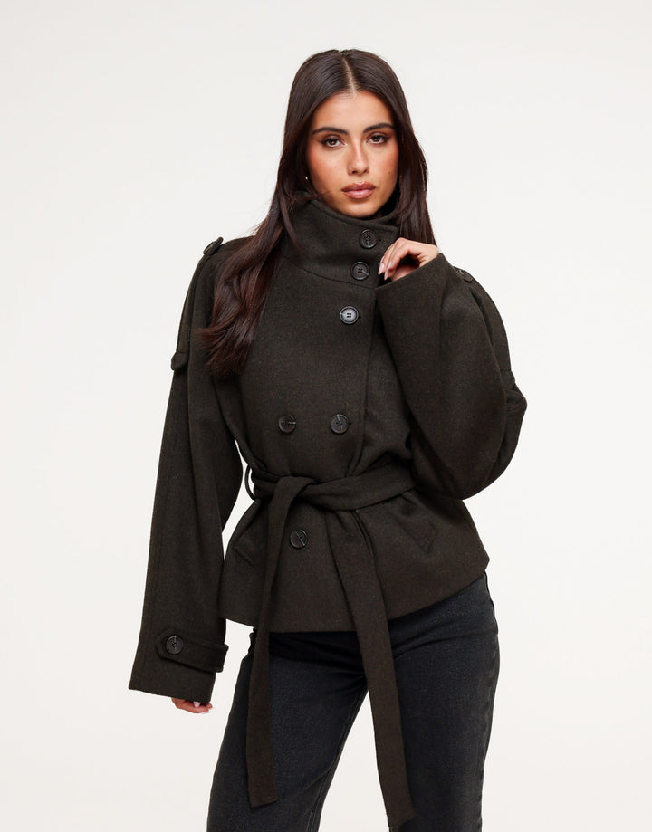 Donkerbruine Premium Korte Wollen Trench - Jas
