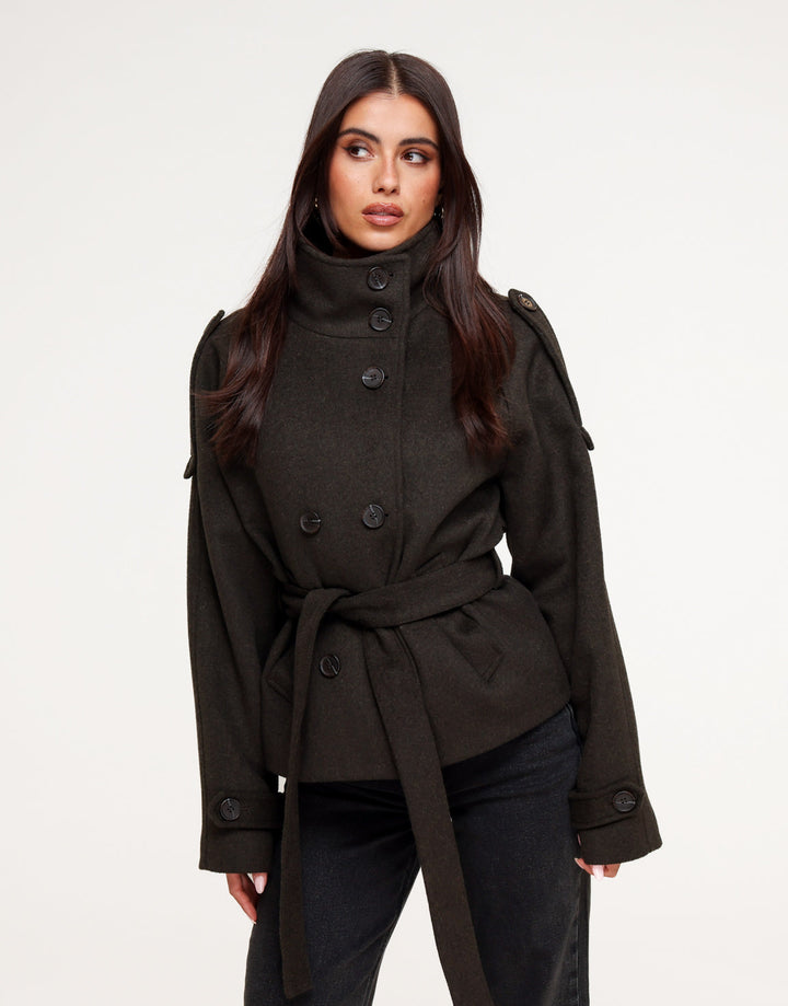 Donkerbruine Premium Korte Wollen Trench - Jas