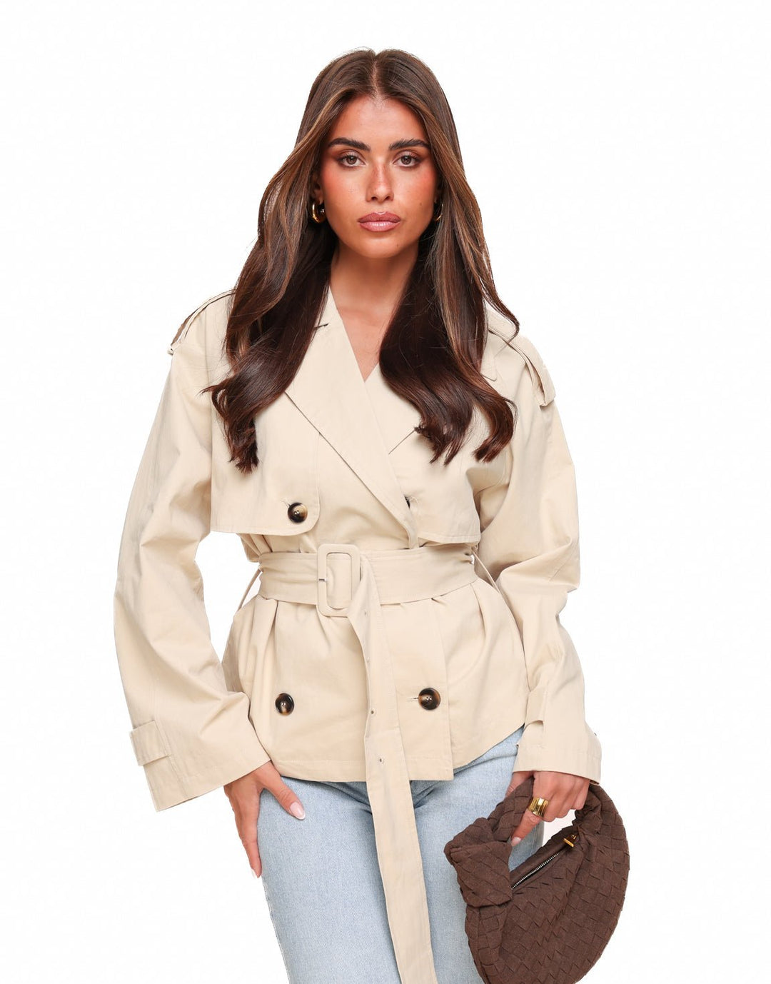 Beige Cropped Classic Trench Coat - Jas