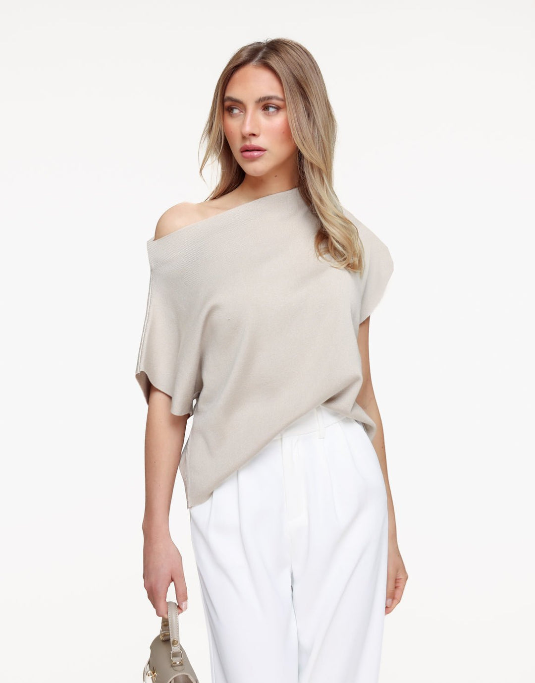 Beige Gebreide One Shoulder - Top