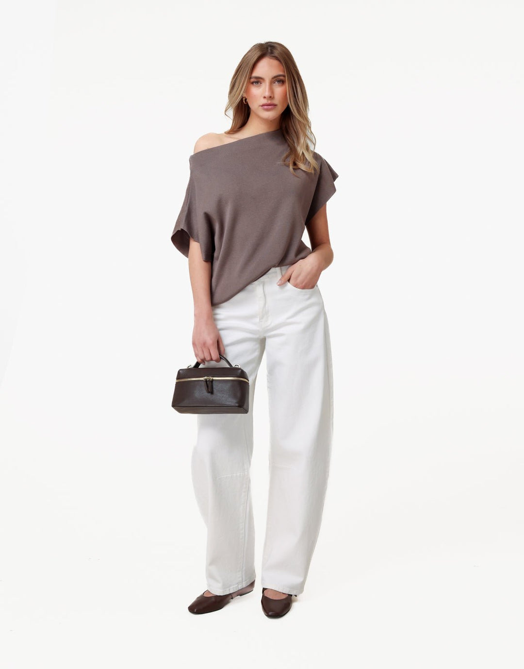 Bruine Gebreide One Shoulder - Top