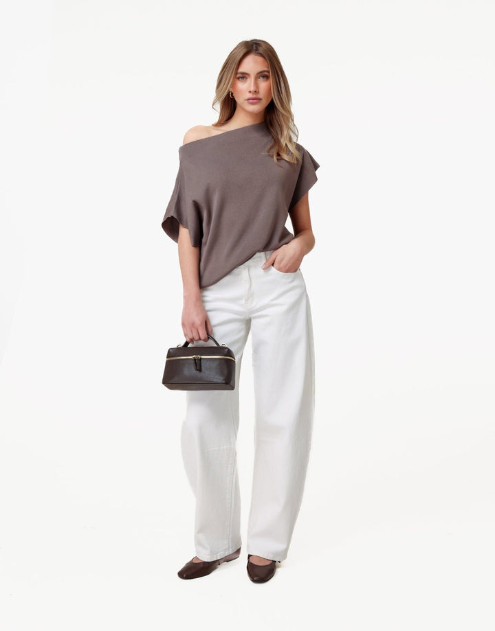 Bruine Gebreide One Shoulder - Top