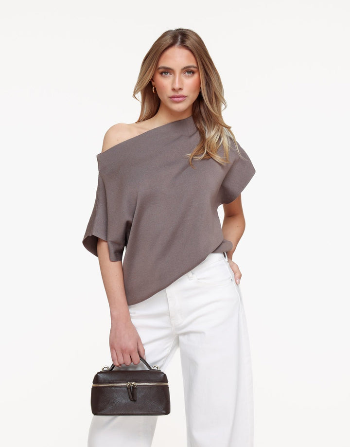 Bruine Gebreide One Shoulder - Top