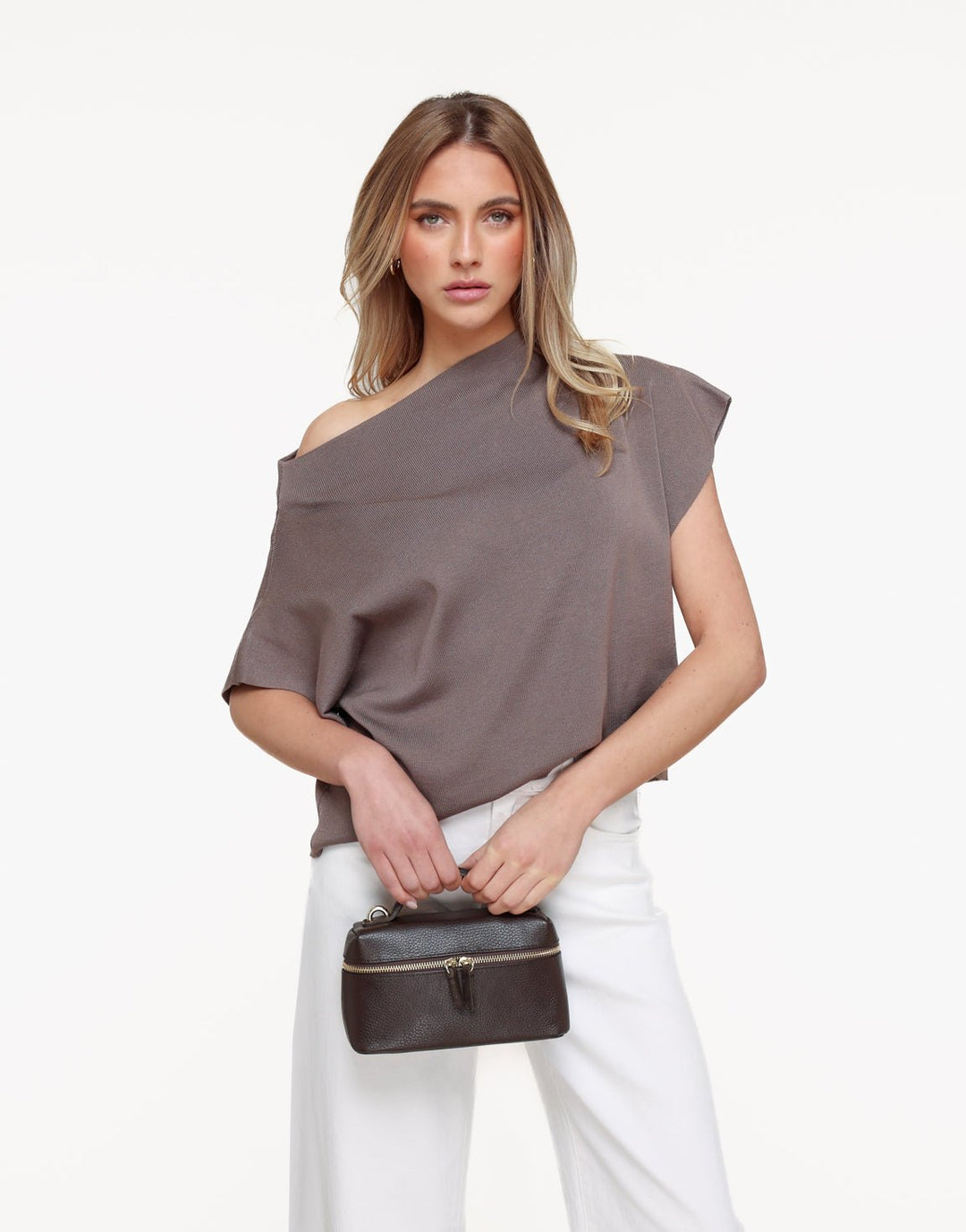 Bruine Gebreide One Shoulder - Top