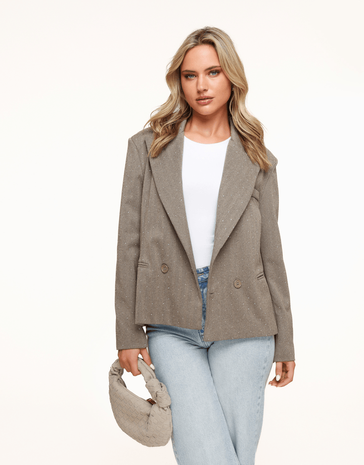 Bruine Korte Geruiten Glitter Stenen - Blazer