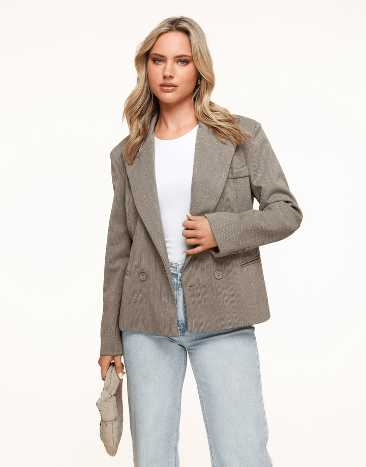 Bruine Korte Geruiten Glitter Stenen - Blazer