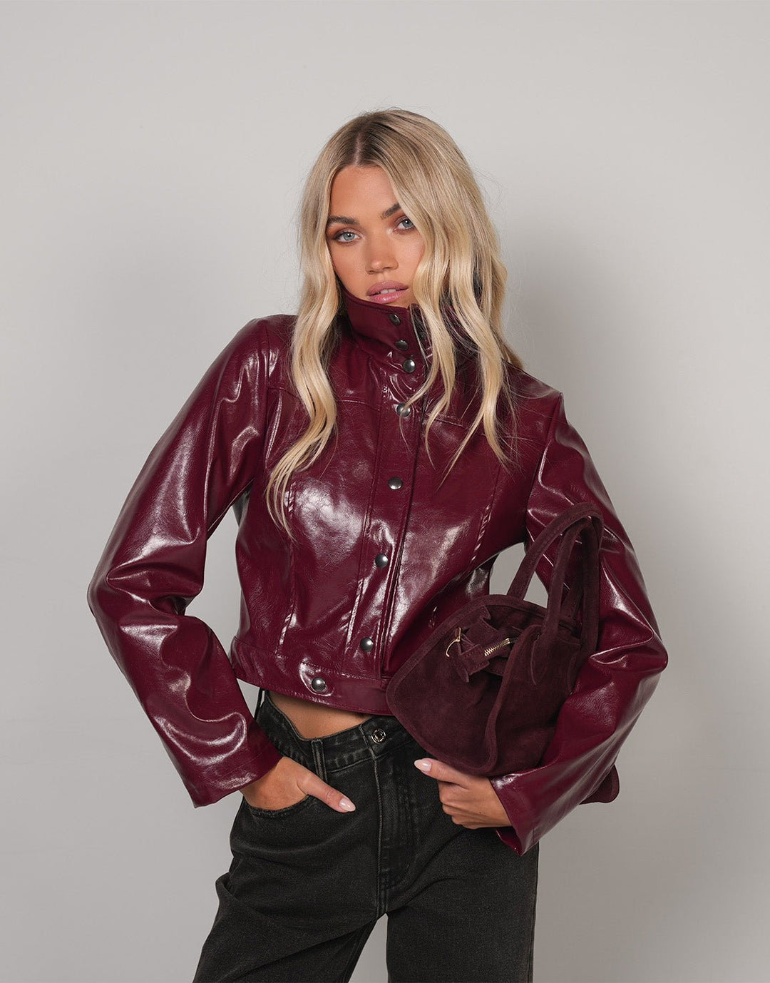 Burgundy Glanzende Getailleerde PU Leren - Jas