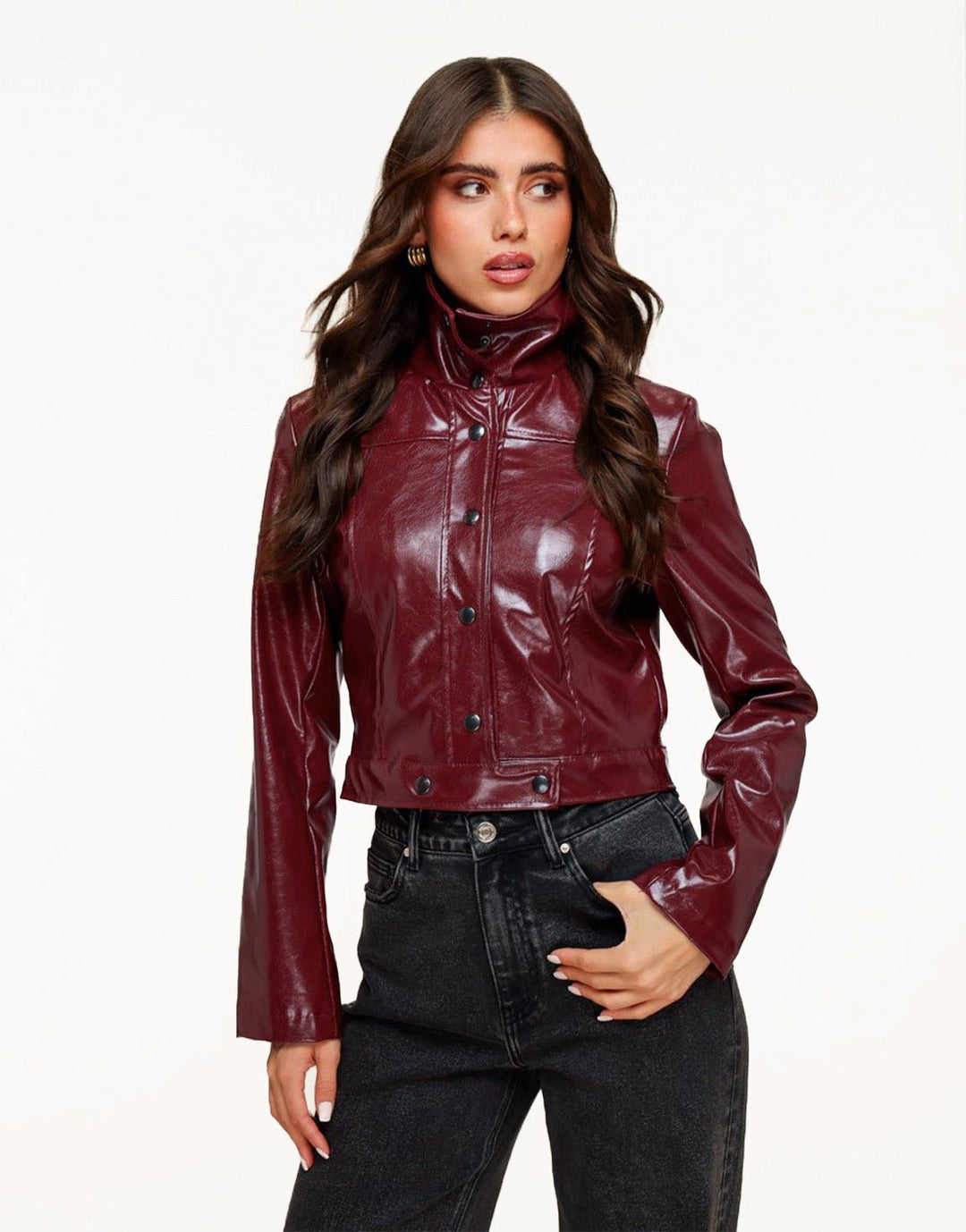 Burgundy Glanzende Getailleerde PU Leren - Jas