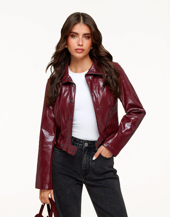 Burgundy Glanzende Getailleerde PU Leren - Jas