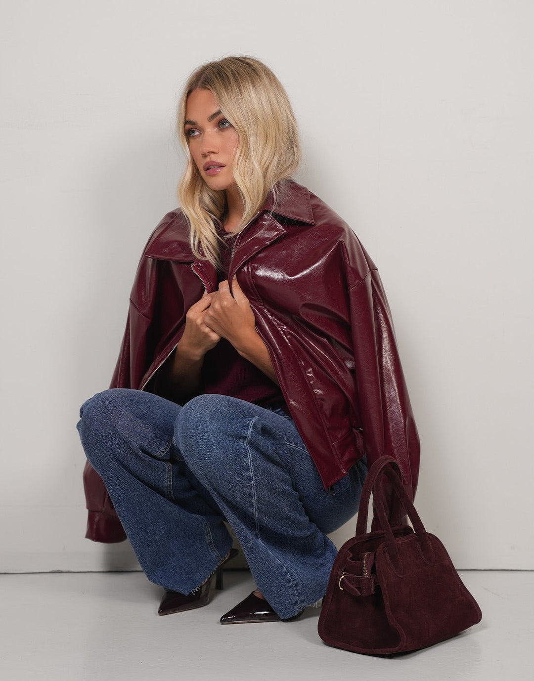 Burgundy Glanzende PU Leren Bomber - Jas