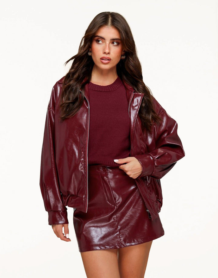 Burgundy Glanzende PU Leren Bomber - Jas