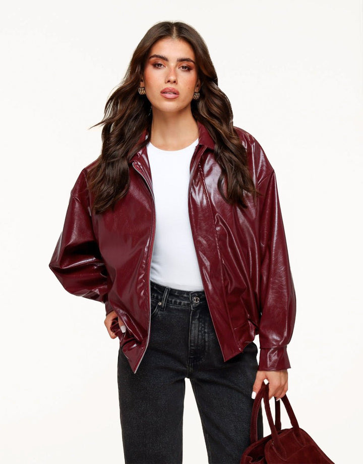 Burgundy Glanzende PU Leren Bomber - Jas