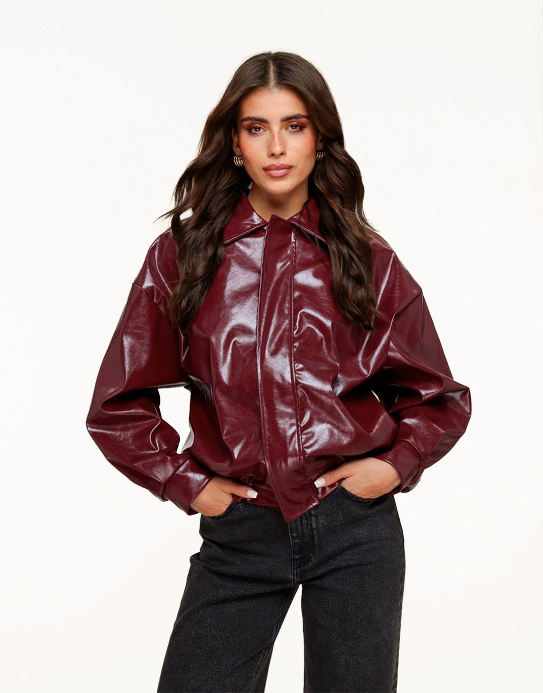 Burgundy Glanzende PU Leren Bomber - Jas