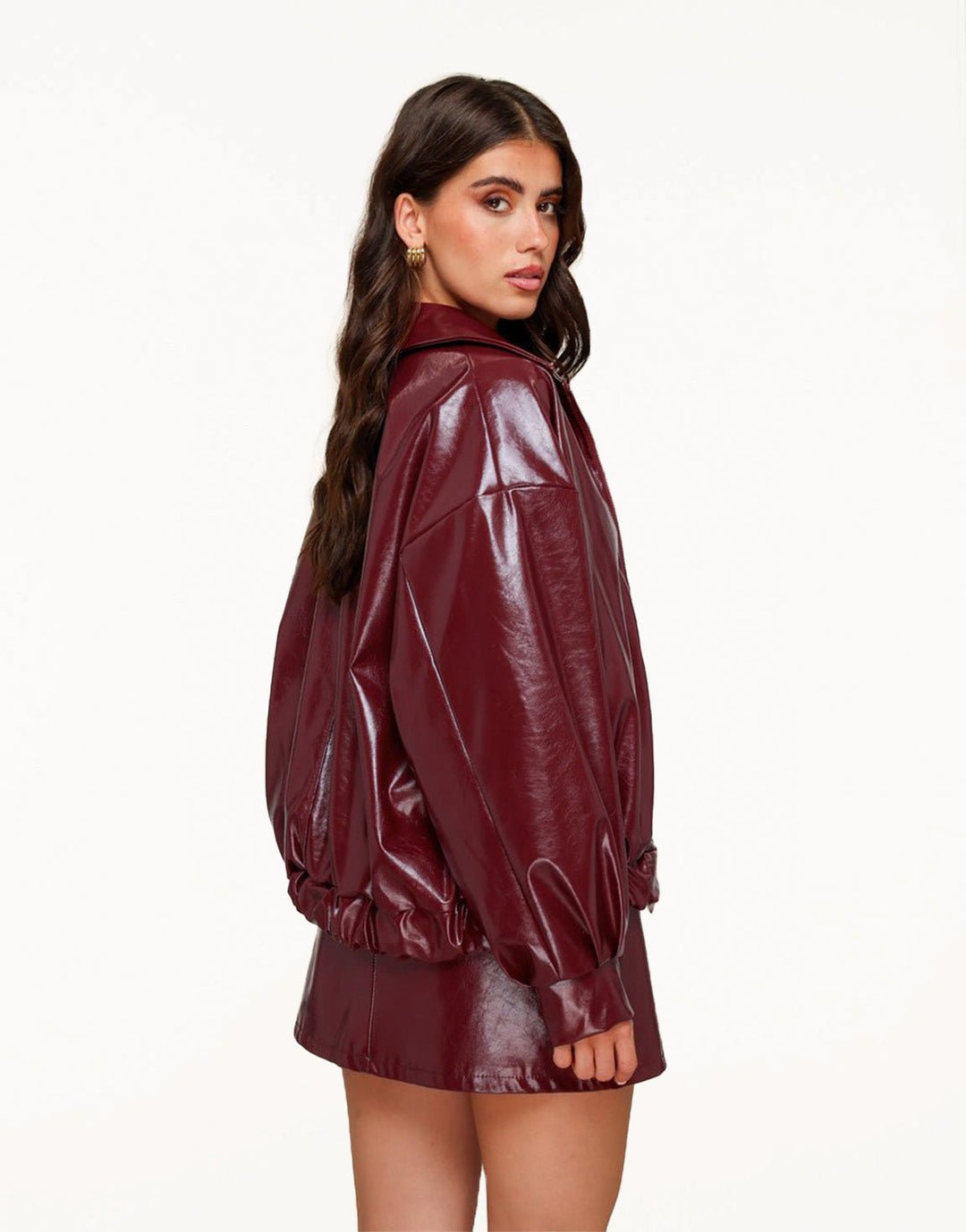 Burgundy Glanzende PU Leren Bomber - Jas