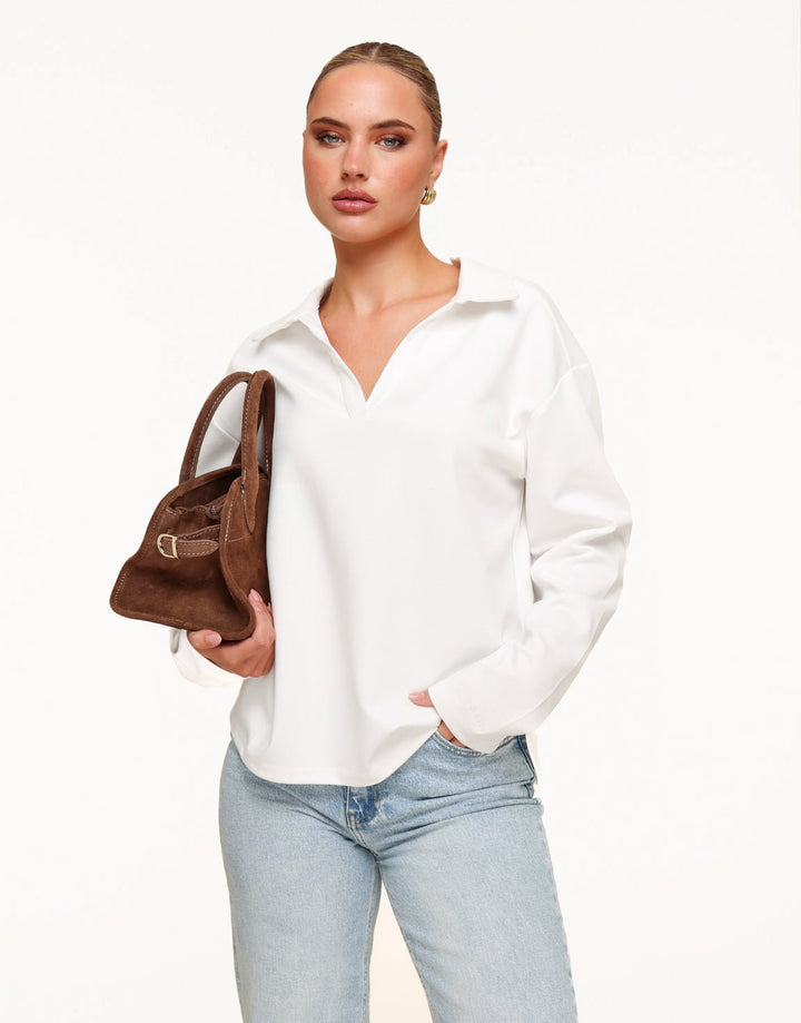 Creme V-Hals Losse LS - T-shirt
