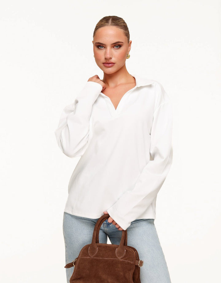 Creme V-Hals Losse LS - T-shirt