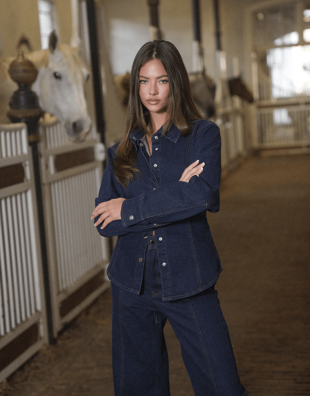Donkerblauwe Gestikte Naden LS - Blouse