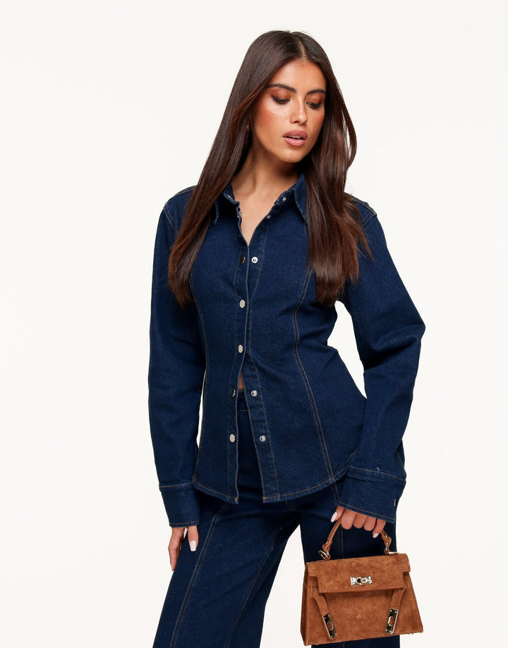 Donkerblauwe Gestikte Naden LS - Blouse