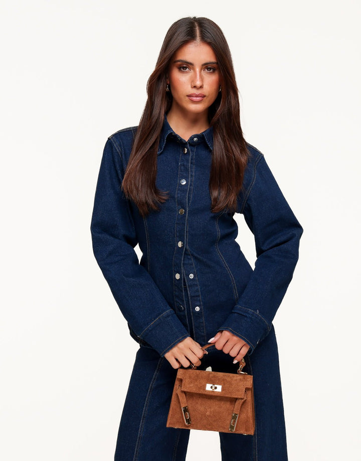 Donkerblauwe Gestikte Naden LS - Blouse