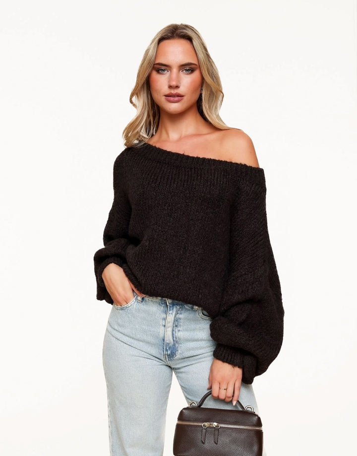 Donkerbruine Gebreide Wollen Off Shoulder - Trui