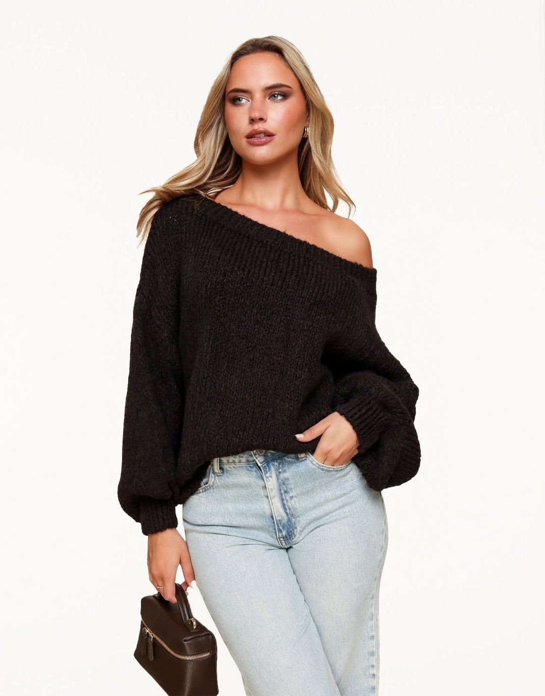 Donkerbruine Gebreide Wollen Off Shoulder - Trui