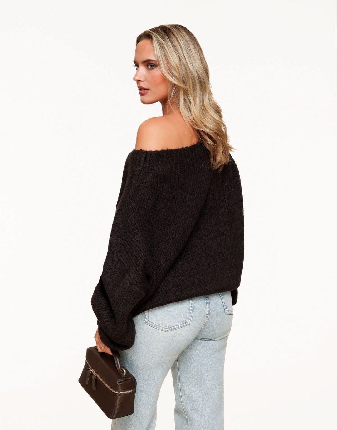 Donkerbruine Gebreide Wollen Off Shoulder - Trui