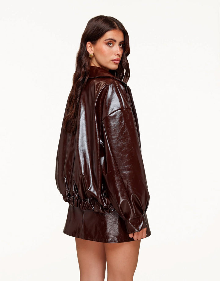 Donkerbruine Glanzende PU Leren Bomber - Jas