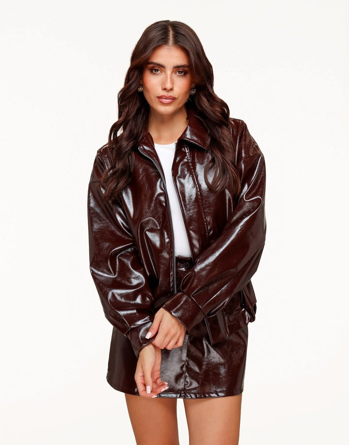 Donkerbruine Glanzende PU Leren Bomber - Jas