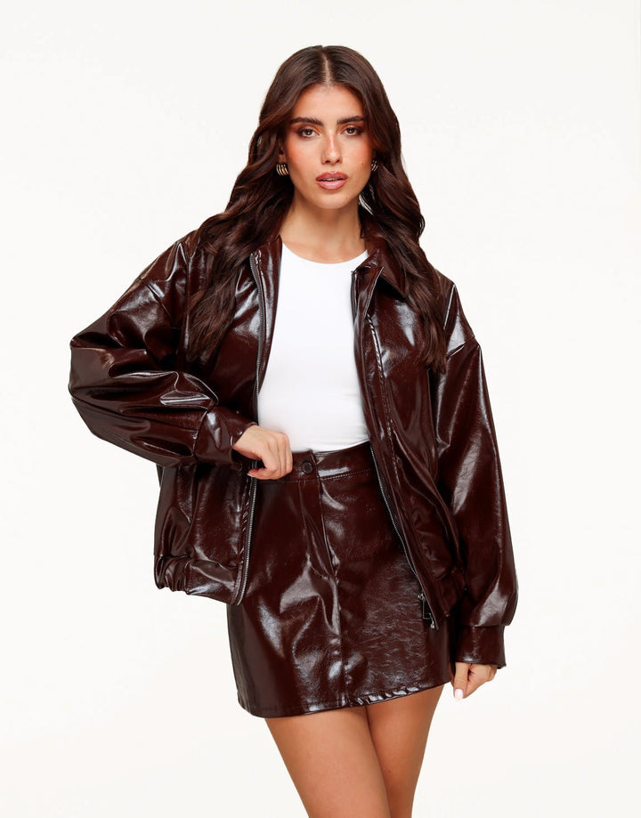 Donkerbruine Glanzende PU Leren Bomber - Jas