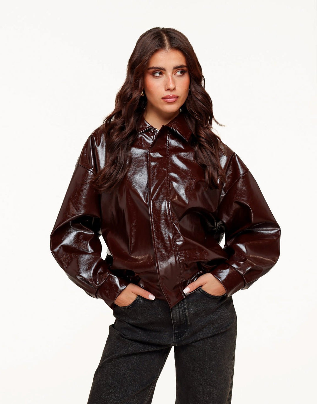 Donkerbruine Glanzende PU Leren Bomber - Jas