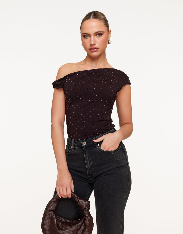 Donkerbruine Glitter One Shoulder - Top