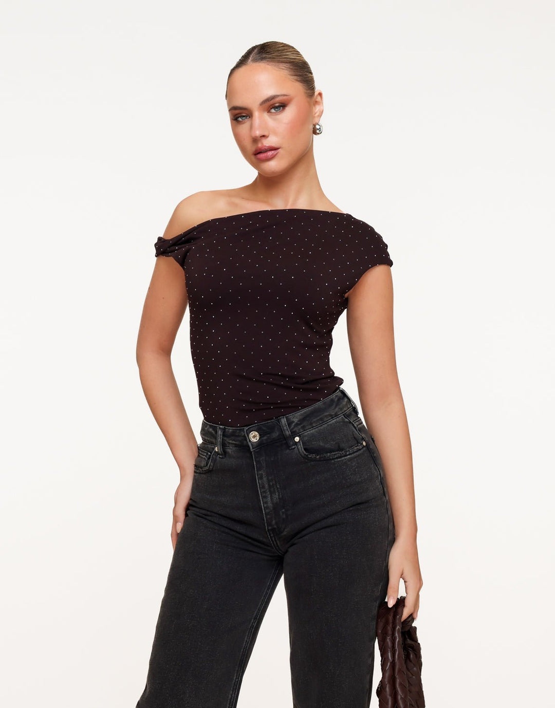 Donkerbruine Glitter One Shoulder - Top