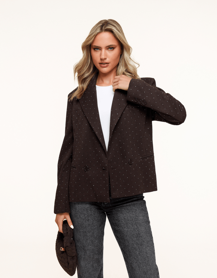Donkerbruine Korte Ruiten Glitter Stenen - Blazer