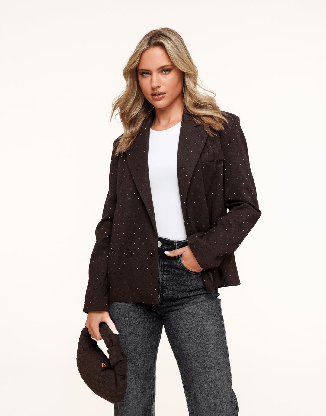 Donkerbruine Korte Ruiten Glitter Stenen - Blazer