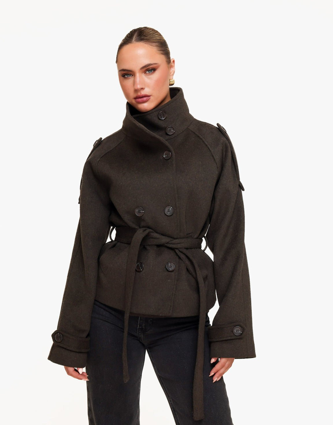Donkerbruine Premium Korte Wollen Trench - Jas