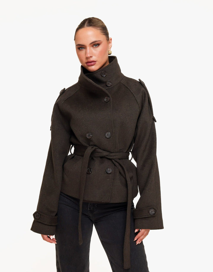 Donkerbruine Premium Korte Wollen Trench - Jas