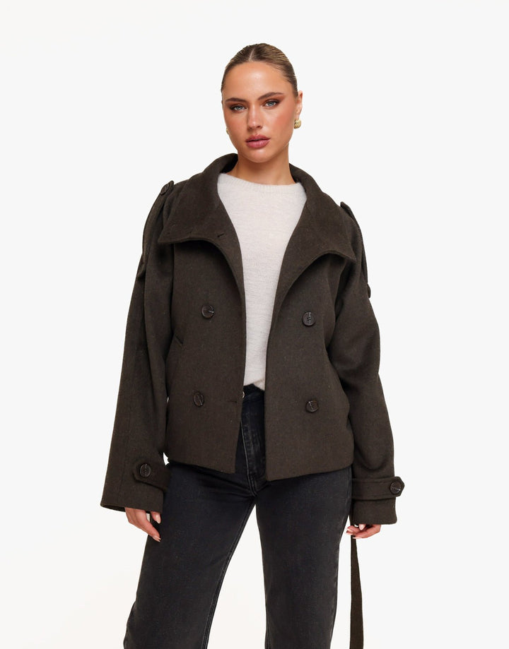 Donkerbruine Premium Korte Wollen Trench - Jas