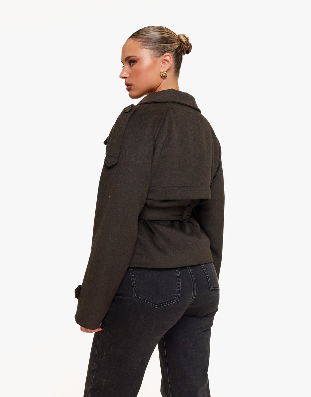 Donkerbruine Premium Korte Wollen Trench - Jas