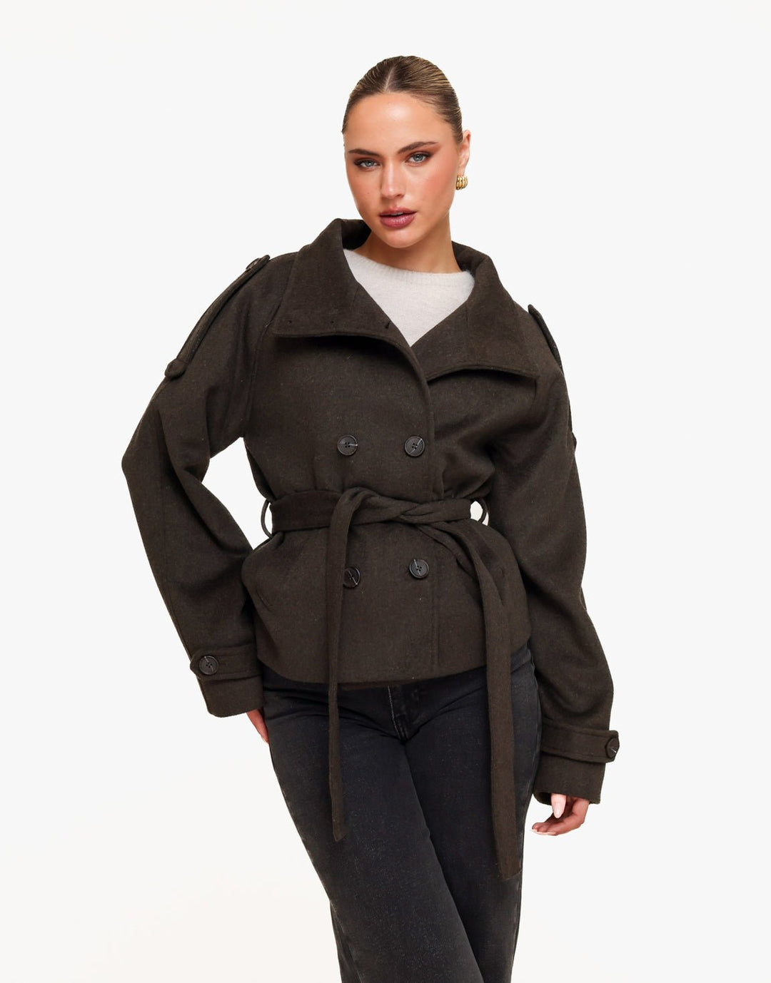 Donkerbruine Premium Korte Wollen Trench - Jas