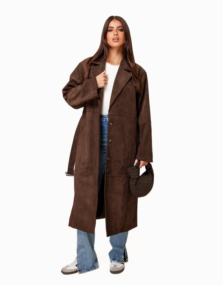 Donkerbruine Lange Faux Suede  - Jas