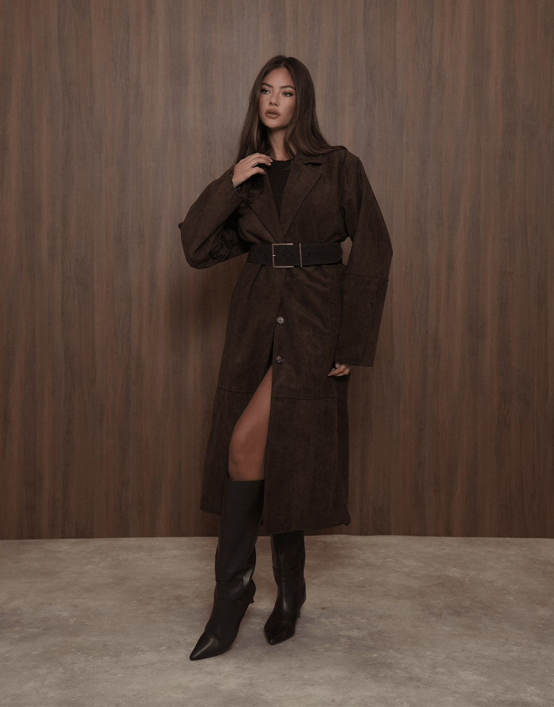 Donkerbruine Lange Faux Suede  - Jas