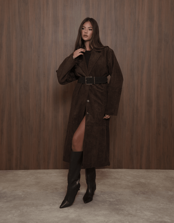 Donkerbruine Lange Faux Suede  - Jas