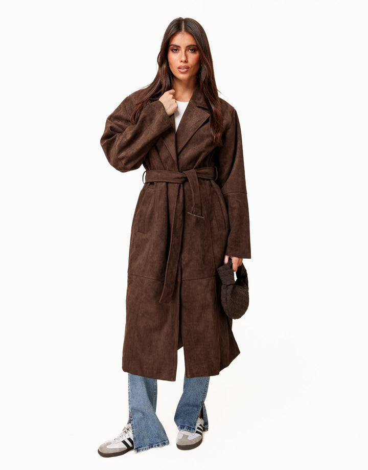 Donkerbruine Lange Faux Suede  - Jas