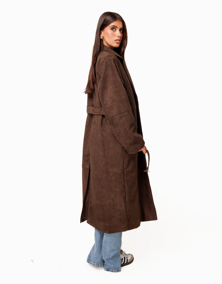 Donkerbruine Lange Faux Suede  - Jas