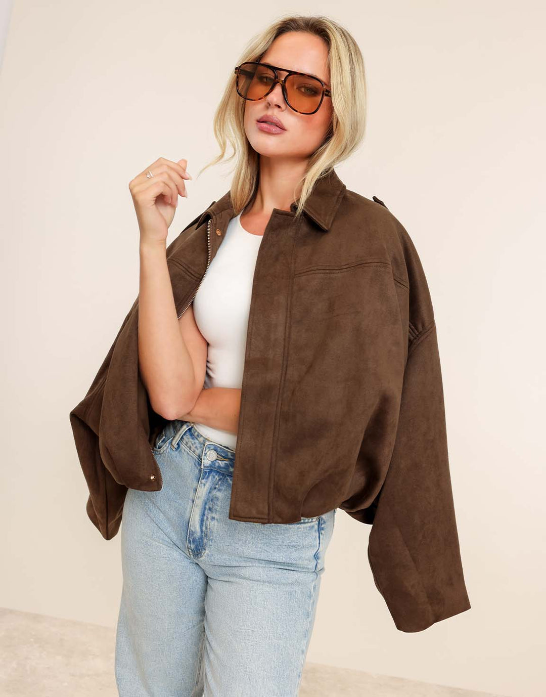 Donkerbruine Suede Wijde Bomber - Jas