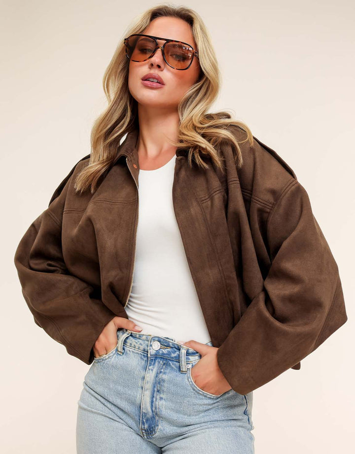 Donkerbruine Suede Wijde Bomber - Jas